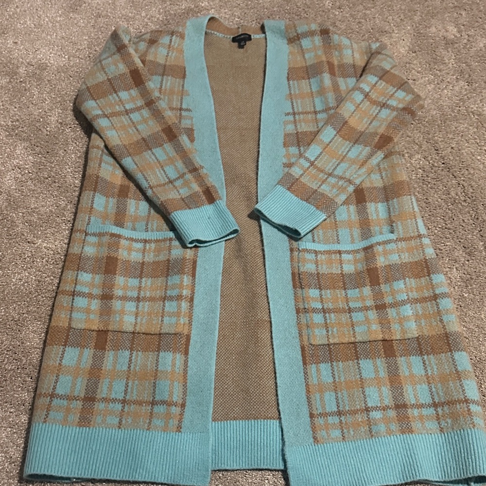 Plaid Open Front Cardigan Sweater - Blue and Brown